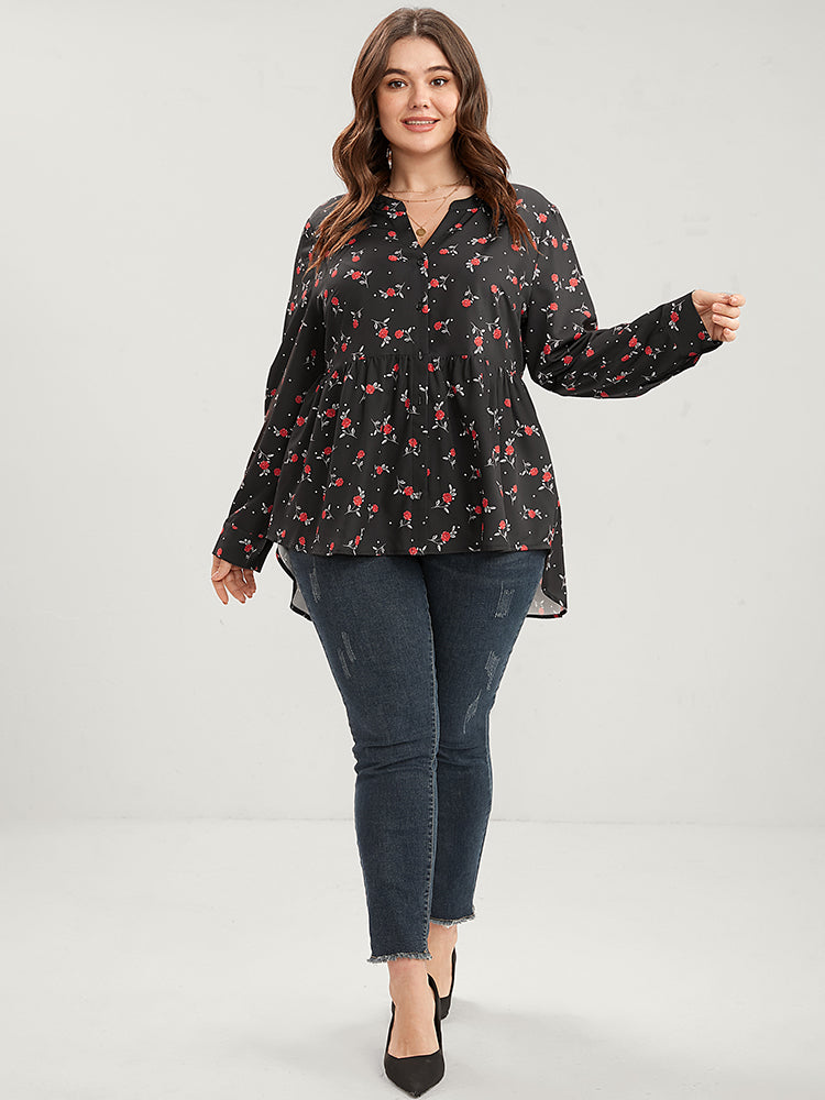 Floral Print Button Up High Low Hem Blouse-Sweetccc