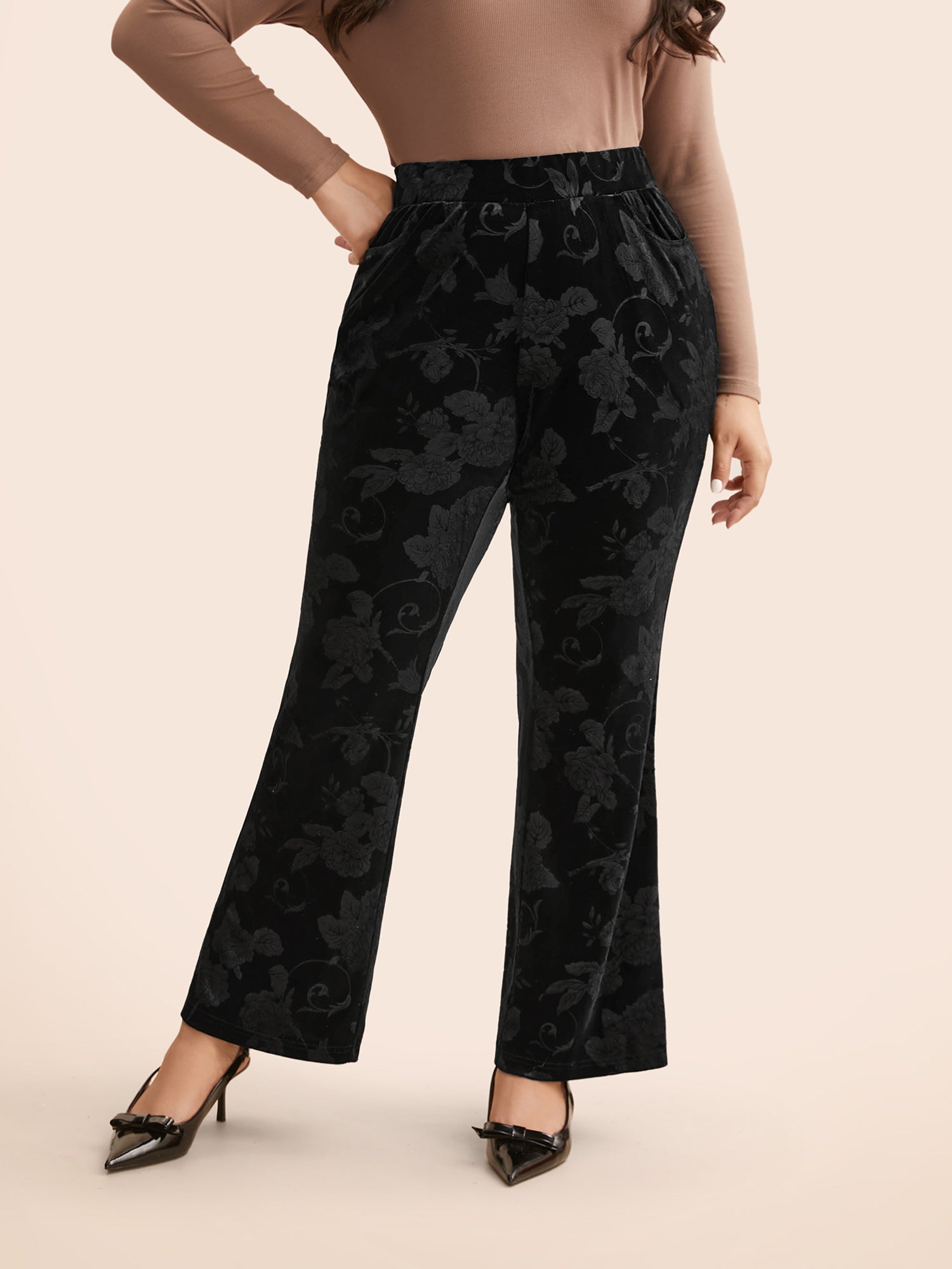 Velvet Floral Mid Rise Bootcut Leggings-Sweetccc