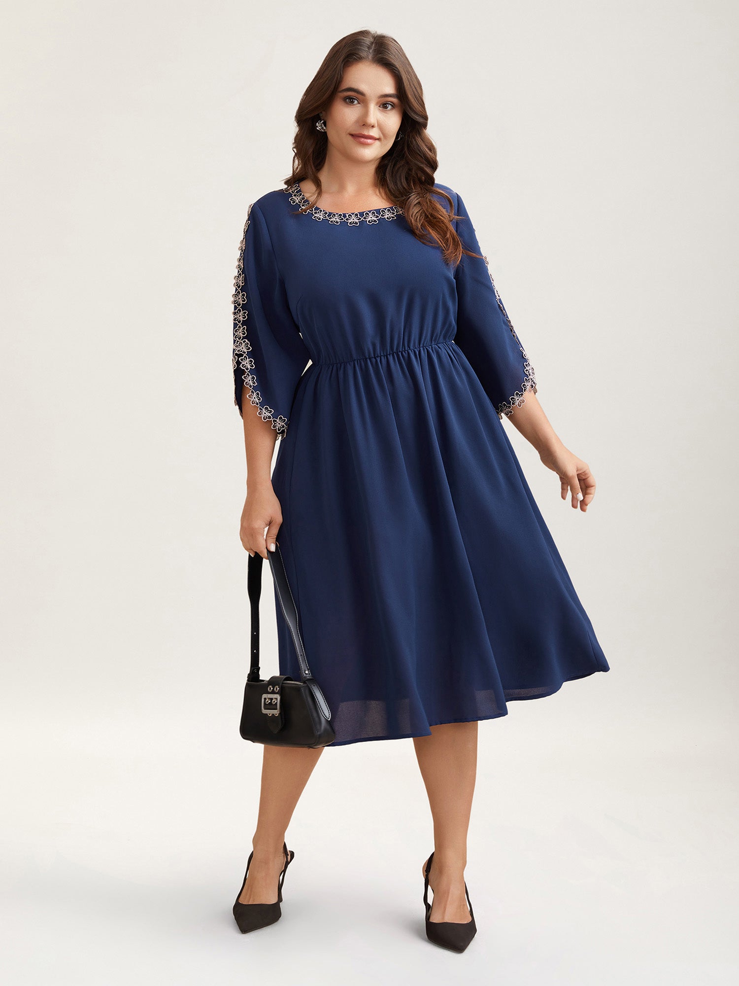 Lace Detail Trumpet Sleeve Midi Dress-Sweetccc