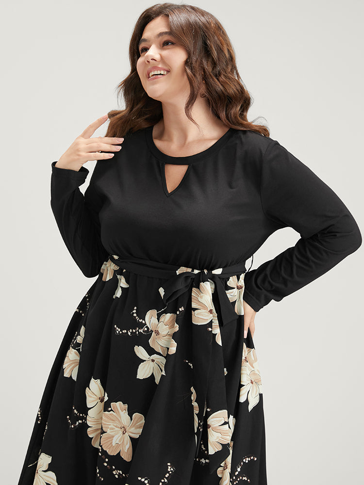 Floral Print Keyhole Round Neck Pocket Belted Dress-Sweetccc