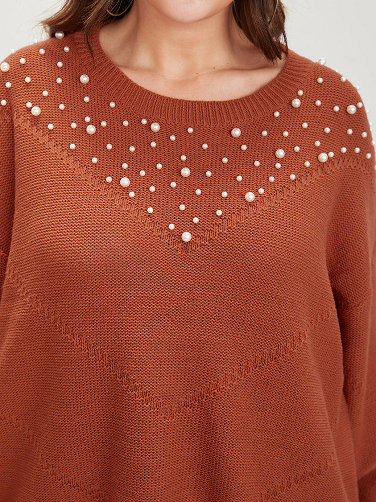Solid Pointelle Knit Pearls Beaded Knit Top-Sweetccc