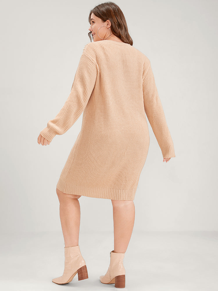 Solid Pointelle Knit Pearls Beaded Round Neck Sweater Dress-Sweetccc