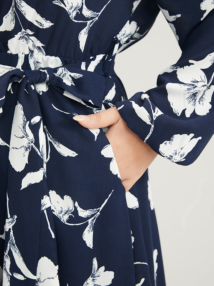 Floral Pocket Surplice Neck Belted Midi Dress-Sweetccc