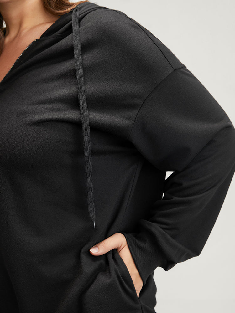 Solid Zipper Front Pocket Drawstring Hooded Sweatshirt-Sweetccc