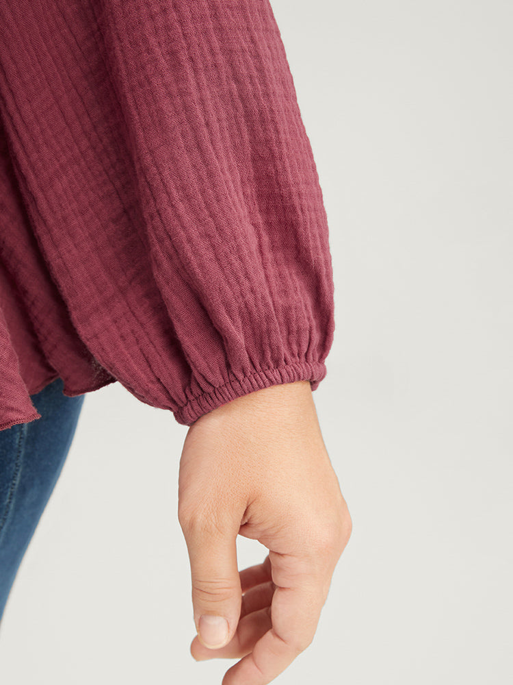 Solid Lantern Sleeve Asymmetrical Hem Wrap Blouse-Sweetccc