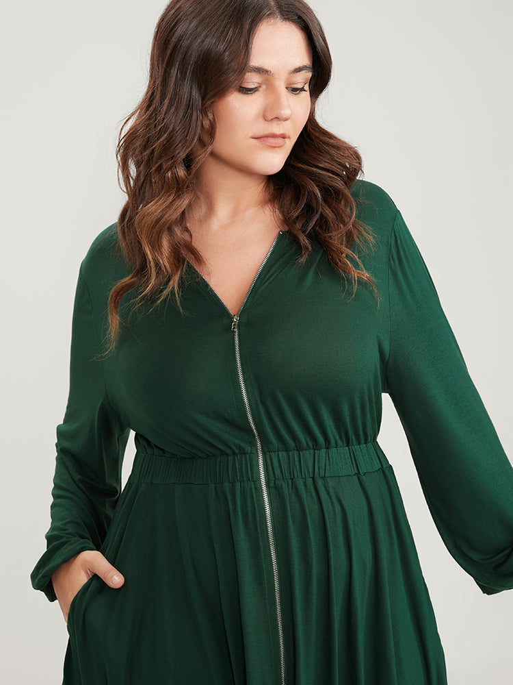 Solid Pocket Zipper Up Hanky Hem Dress-Sweetccc