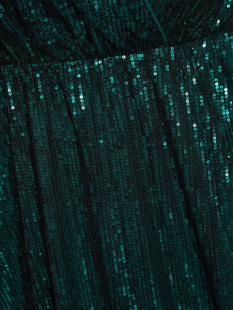 Solid Pocket Lantern Sleeve Wrap Sequin Dress-Sweetccc