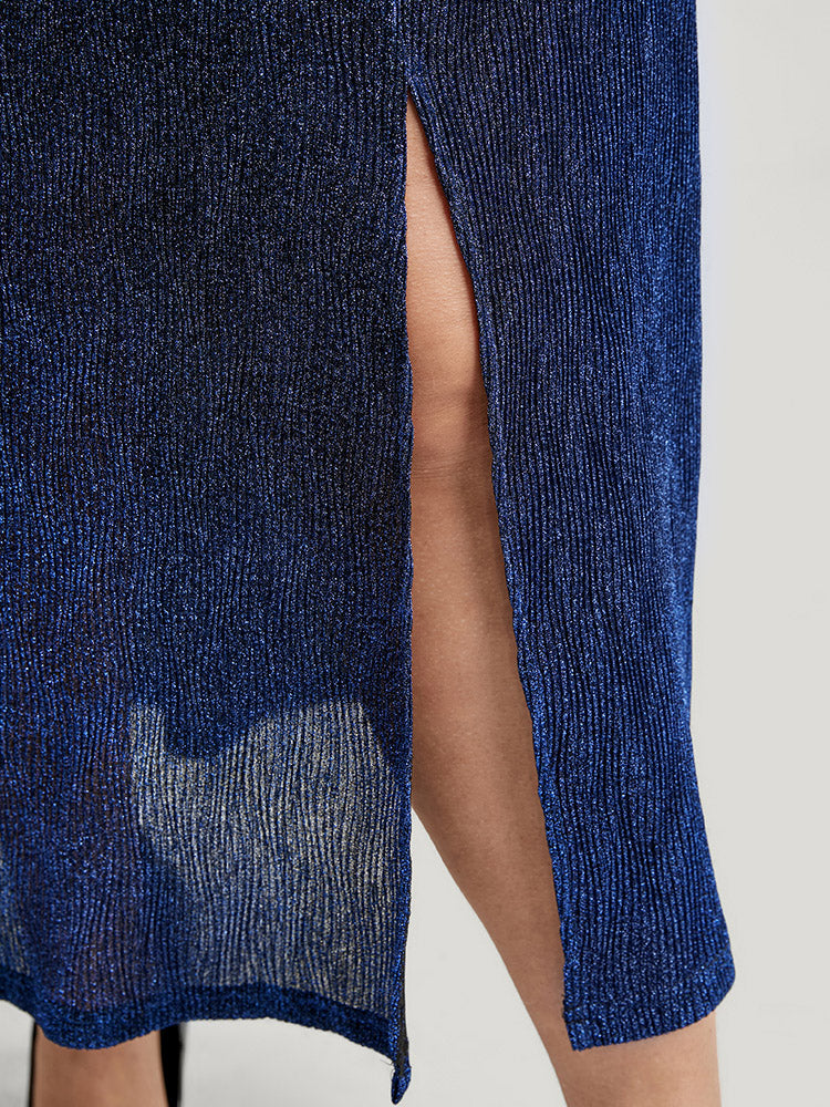 Solid Lantern Sleeve Sequin Split Hem Dress-Sweetccc