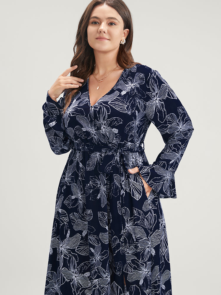 Floral Print Belted Pocket Split Hem Wrap Dress-Sweetccc