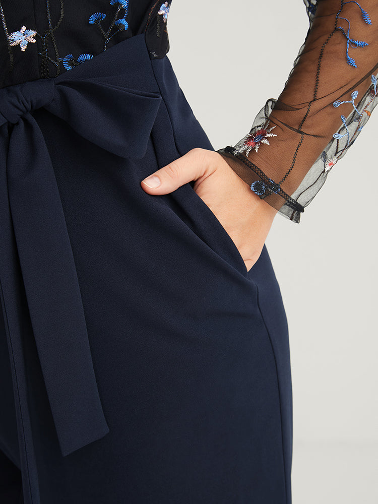 Solid Pocket Embroidered Mesh Sleeve Knotted Jumpsuit-Sweetccc