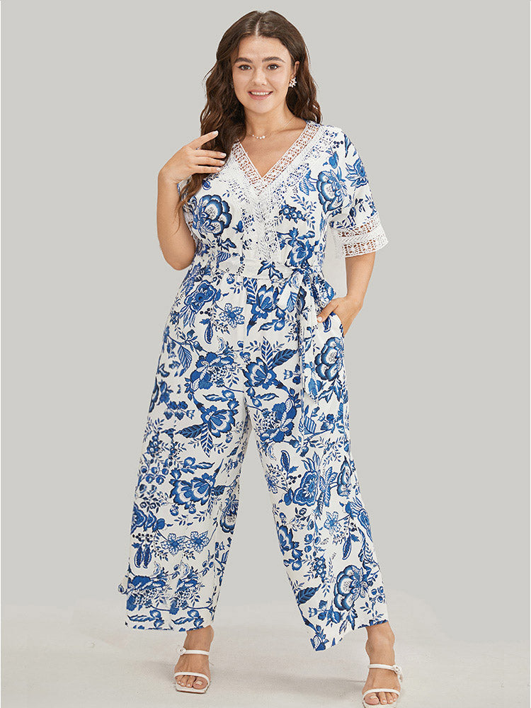 Floral Belted Pocket Lace Trim Wrap Jumpsuit-Sweetccc
