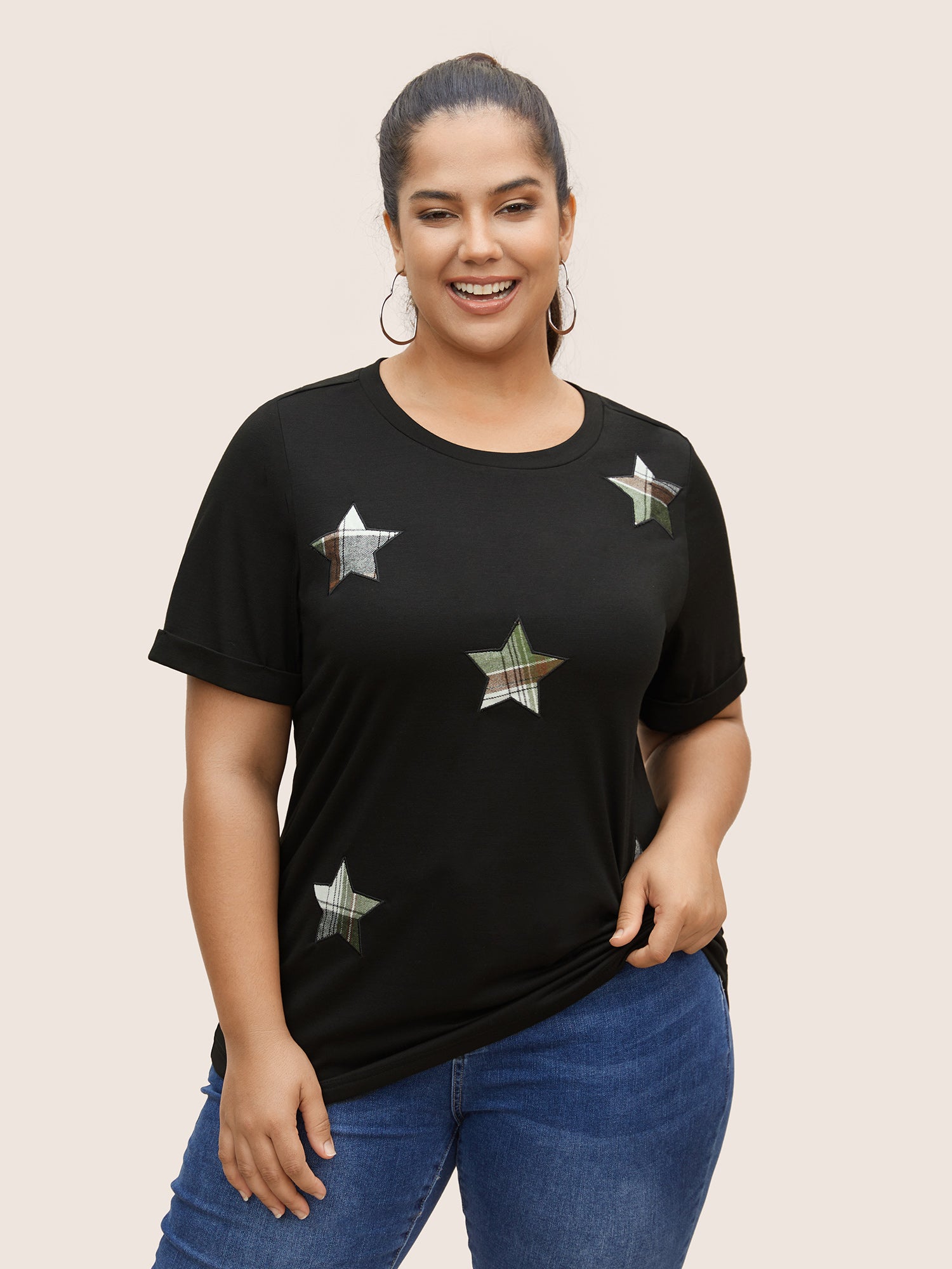 Star Embroidered Patch Round Neck T-shirt-Sweetccc