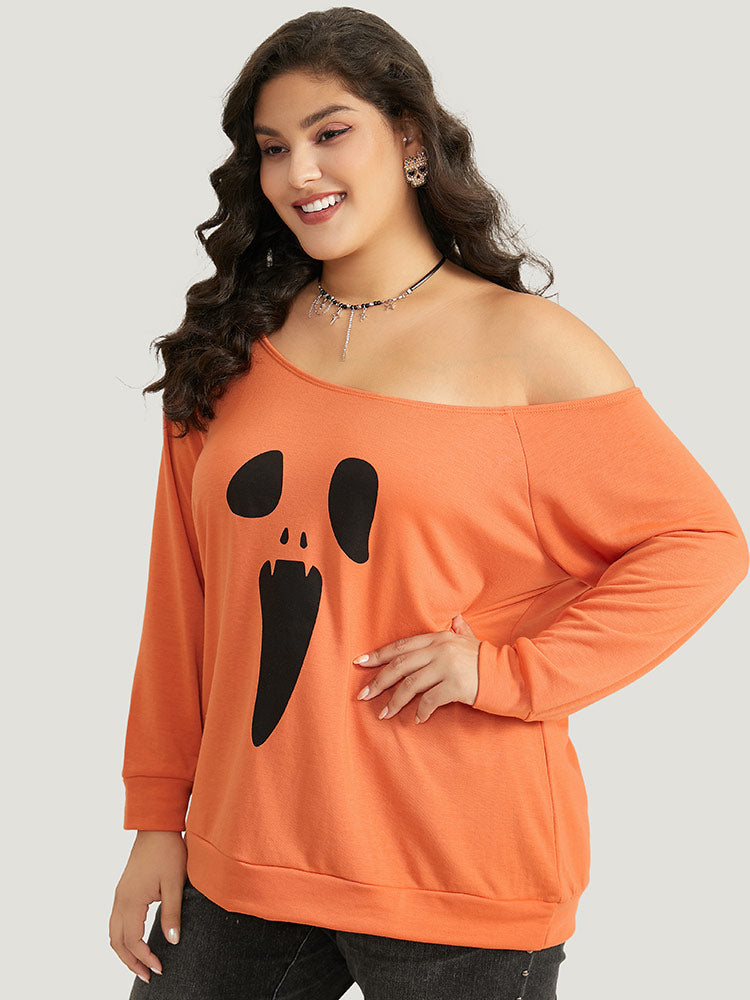 Halloween Print One Shoulder Raglan Sleeve Sweatshirt-Sweetccc