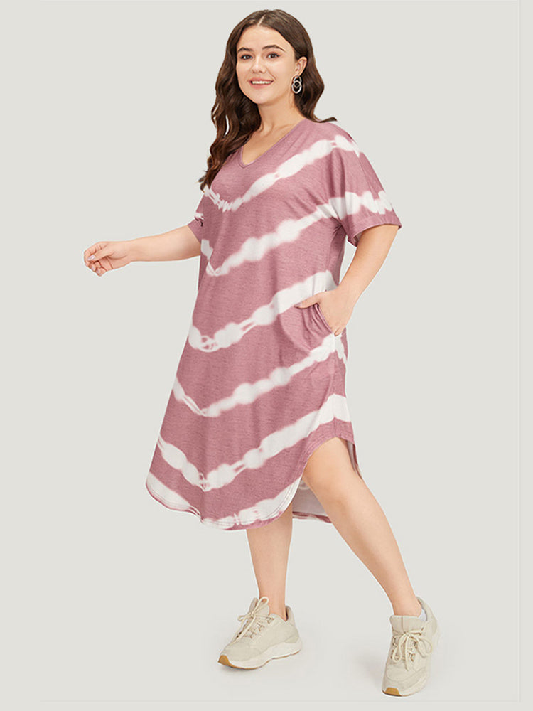 Tie Dye Striped Two Tone V Neck Pocket Dress-Sweetccc