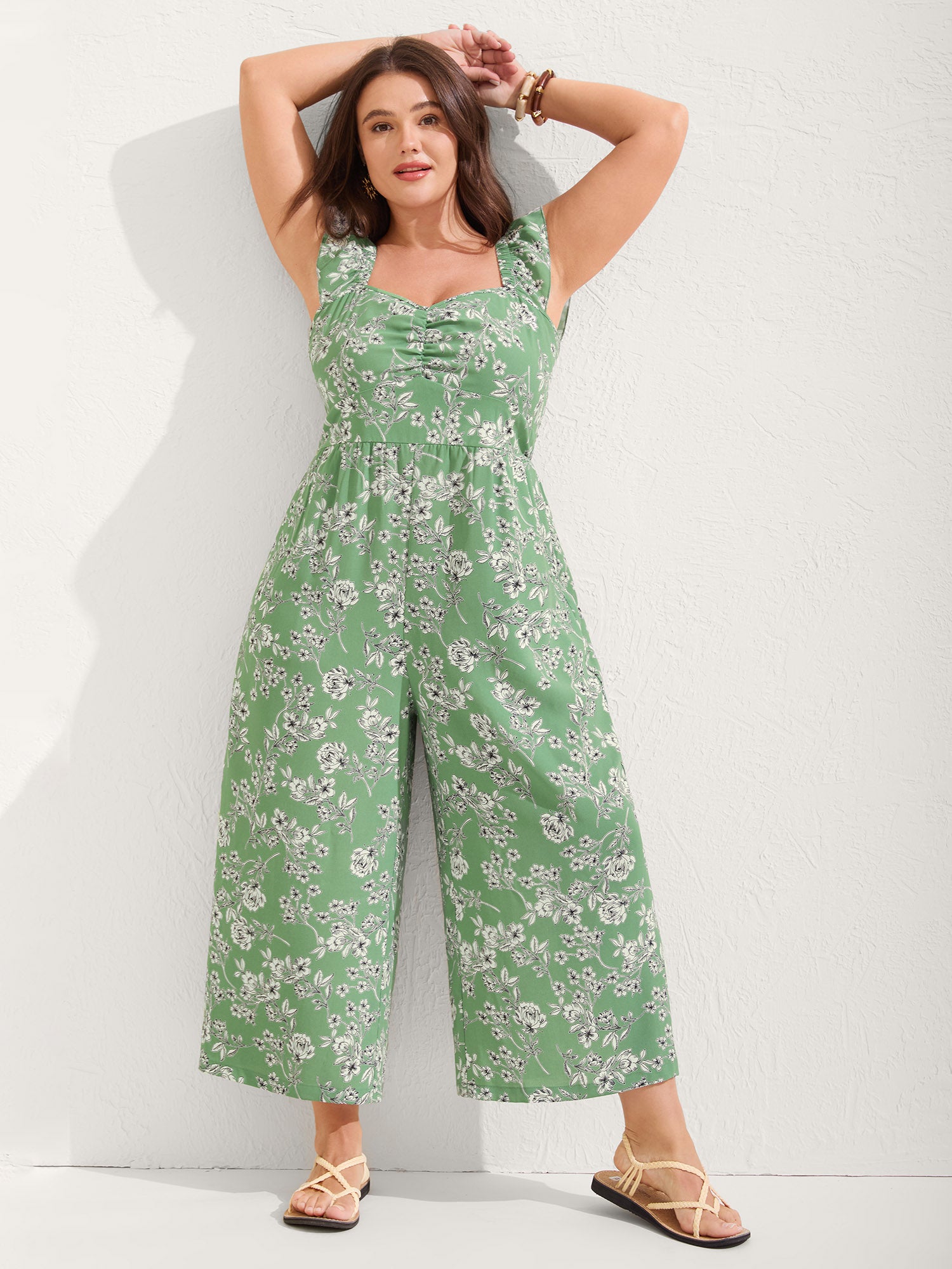 Floral Print Ruched Flutter Detail Jumpsuit-Sweetccc