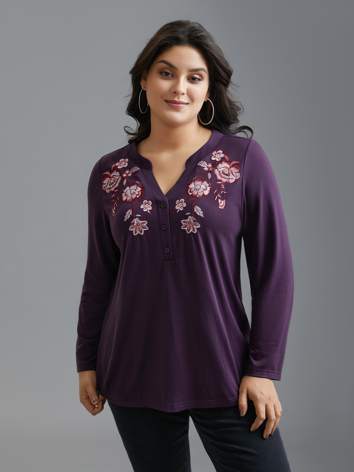 Notched Floral Embroidered  Button Top-Sweetccc