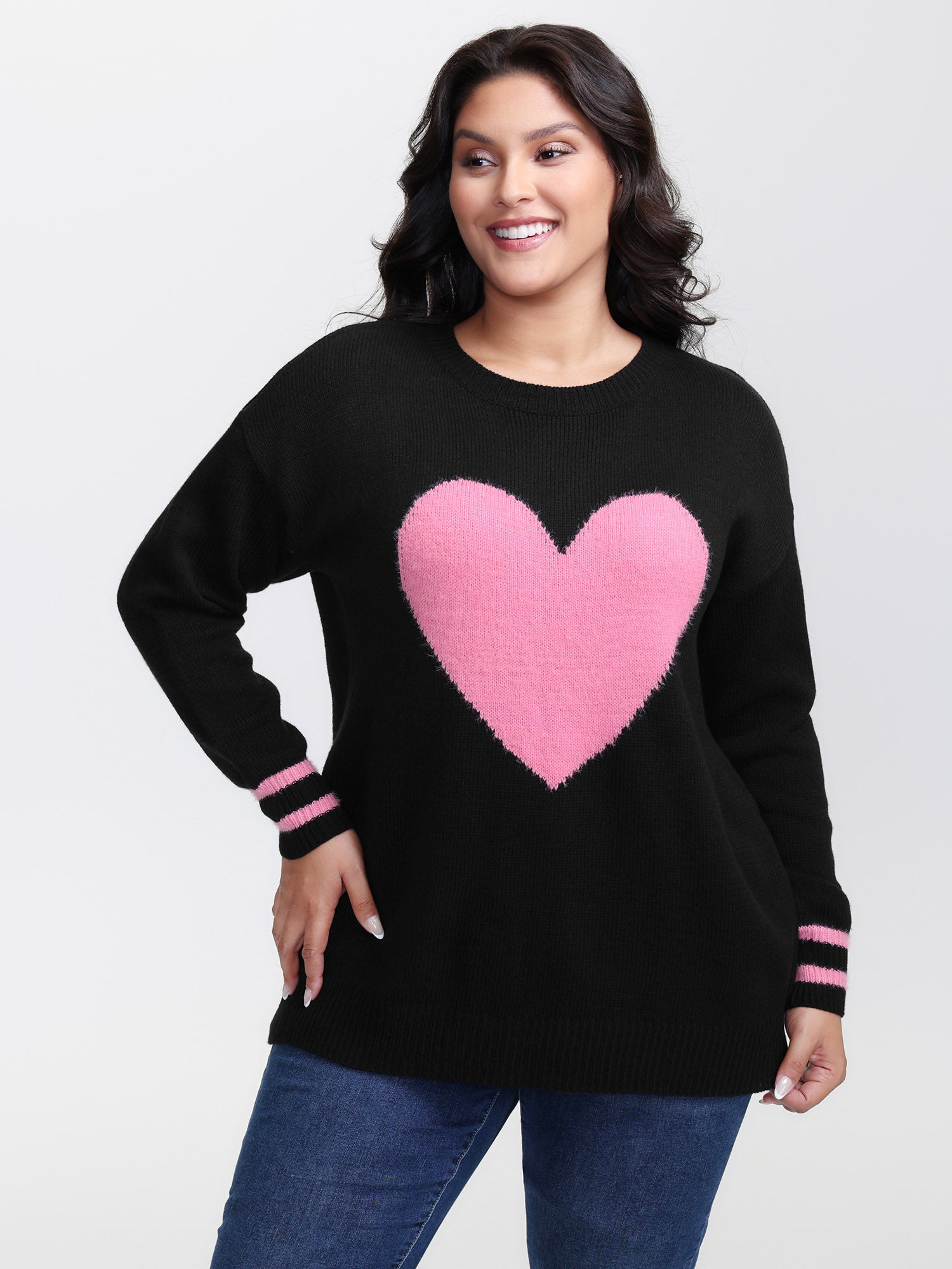 Heart Motif Textured Contrast Pullover-Sweetccc