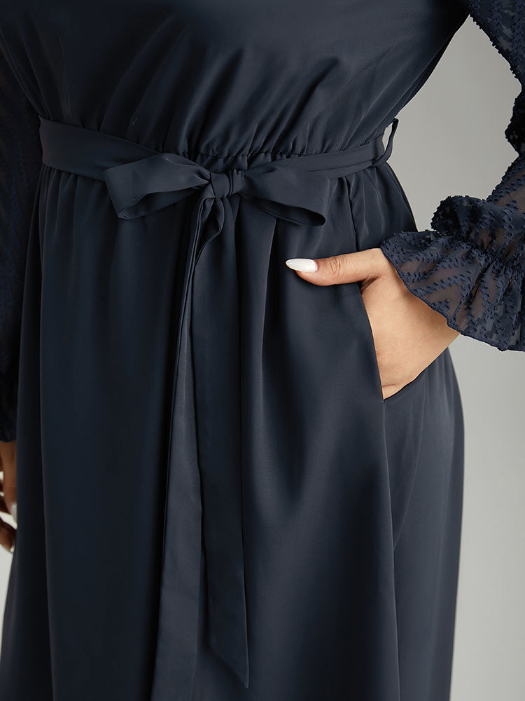 Twill Mesh Patchwork Belted Plicated Detail Dress-Sweetccc