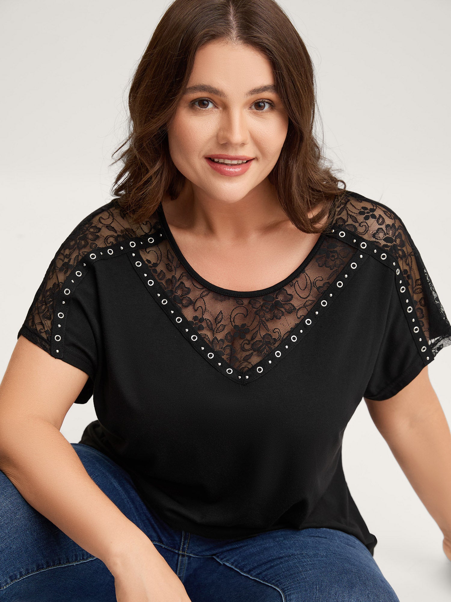 Lace Trim Sheer Solid T-Shirt-Sweetccc