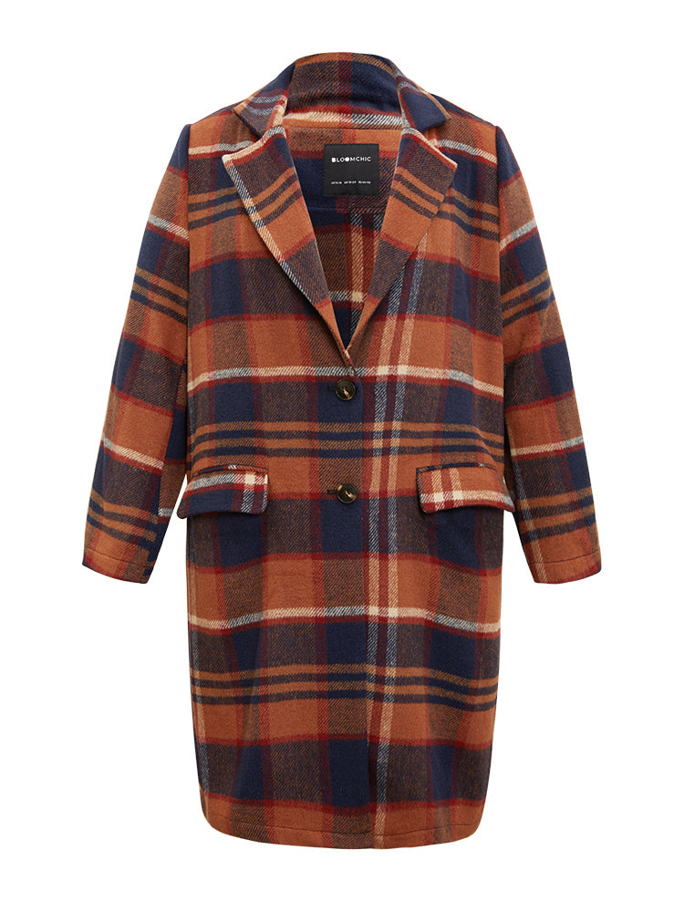 Lapel Collar Plaid Pocket Button Up Coat-Sweetccc