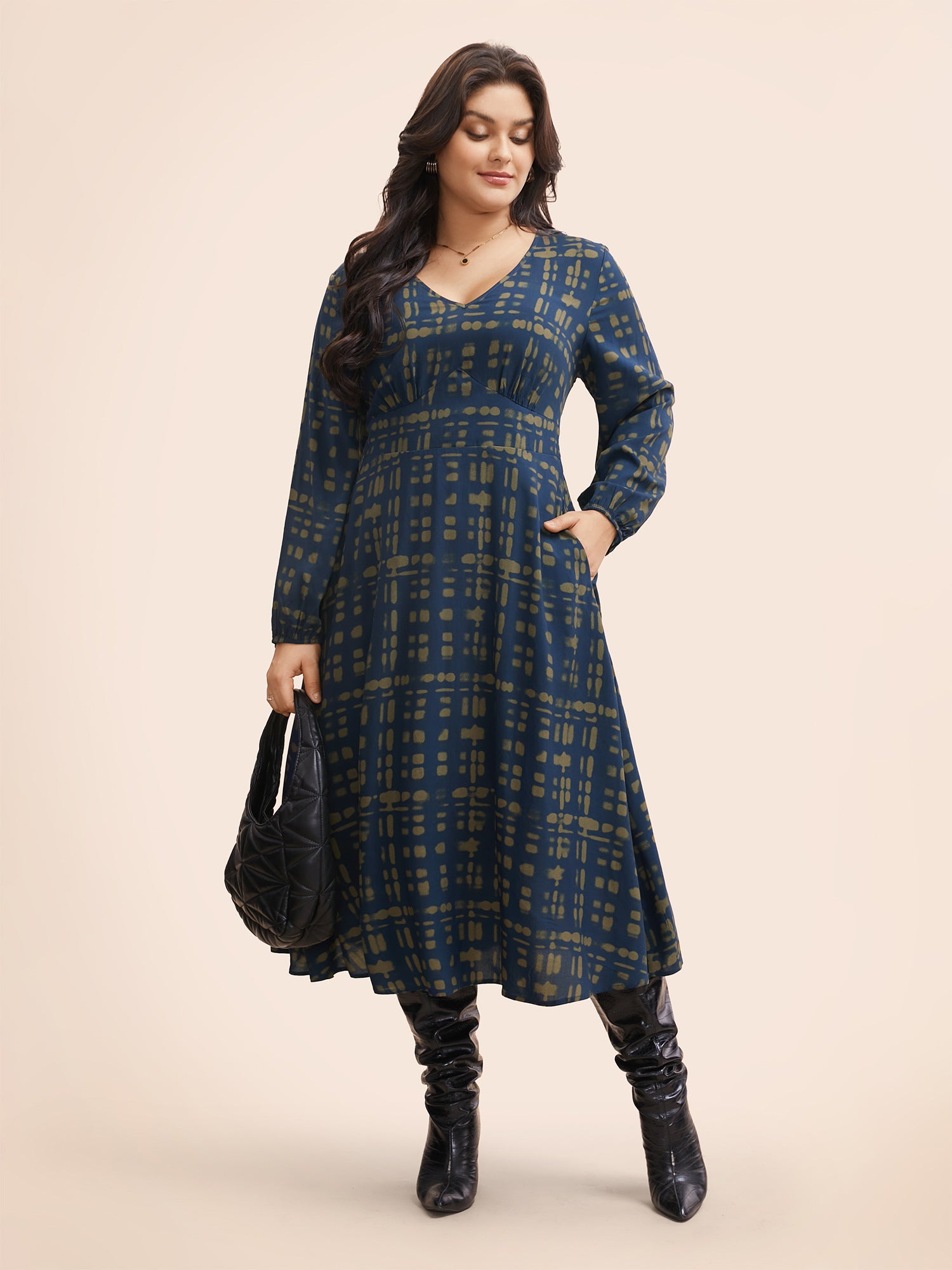 V Neck Plaid Lantern Sleeve Dress-Sweetccc