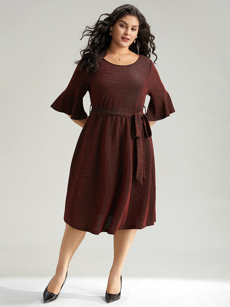 Lurex Belted Flutter Sleeve Dress-Sweetccc