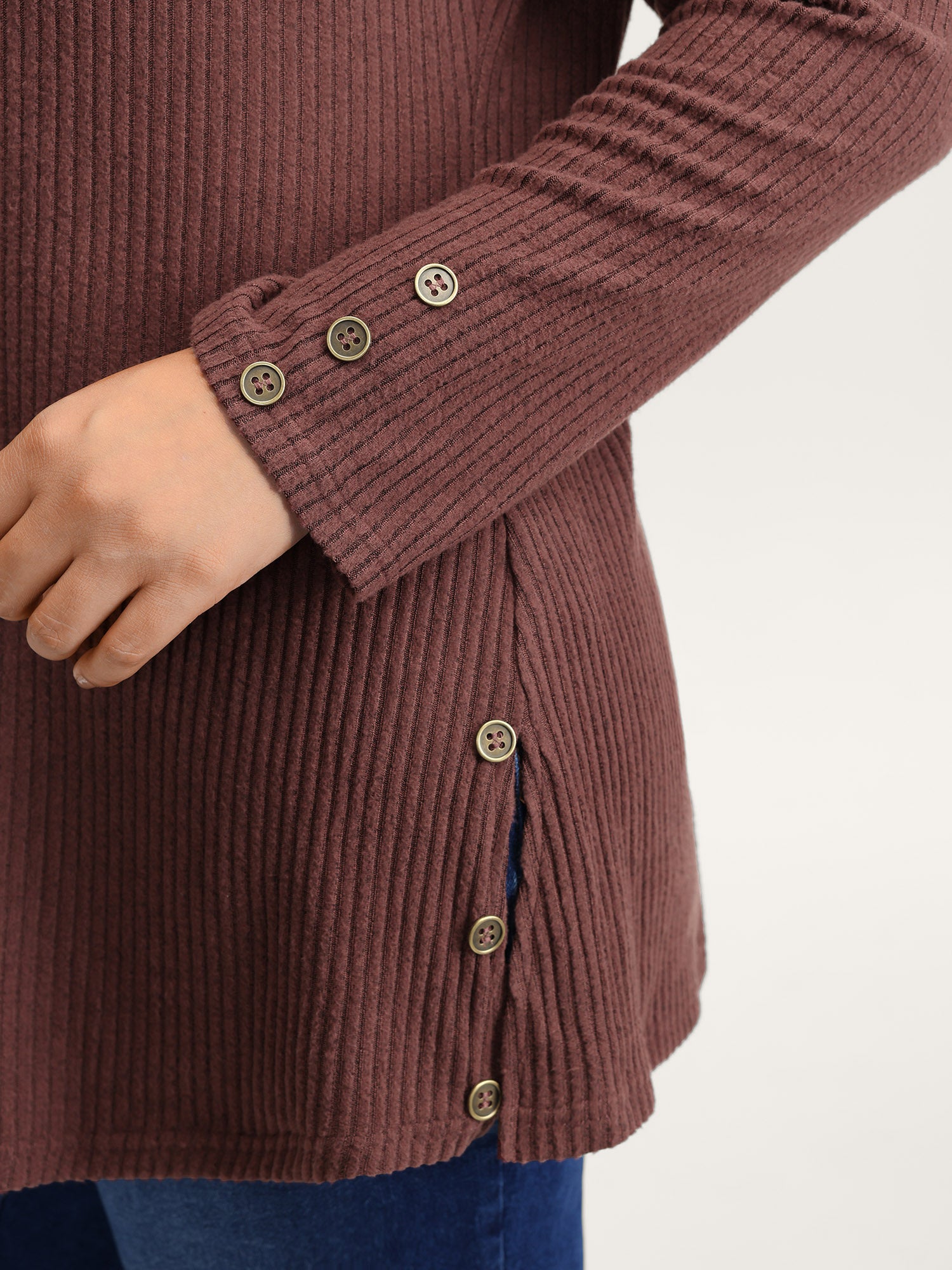 Stretchy Brushed Ribbed Button Detail T-Shirt-Sweetccc