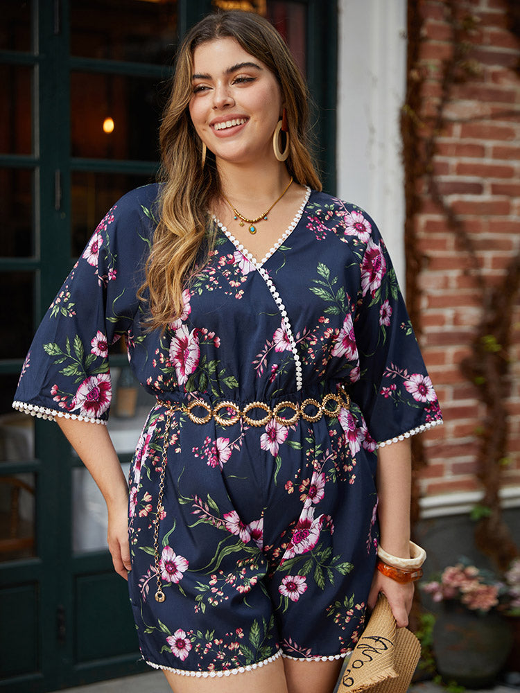 Floral Print Overlap Collar Contrast Trim Pocket Jumpsuit-Sweetccc