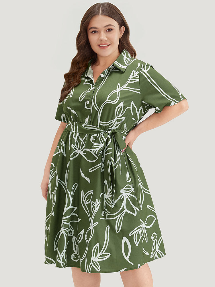 Graphic Print Belted Shirt Collar Button Up Dress-Sweetccc