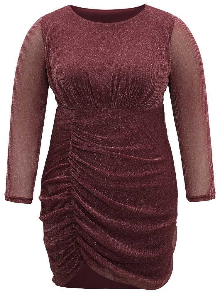 Lurex Glitter Crew Neck Mesh Patchwork Gathered Dress-Sweetccc