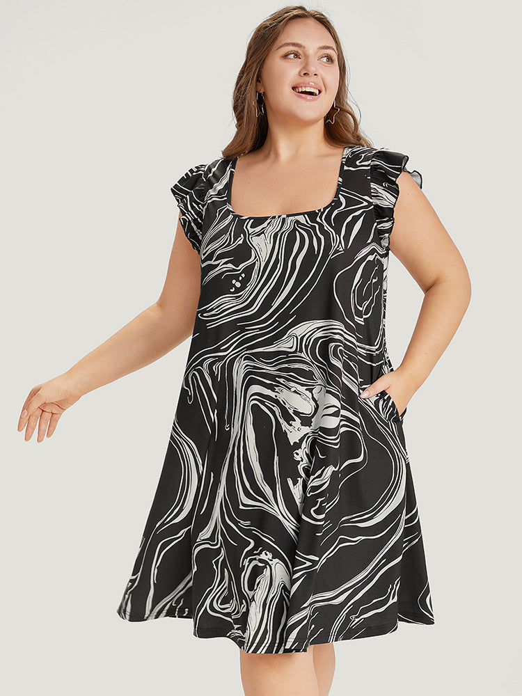 Marble Pocket Ruffle Cap Sleeve Square Neck Dress-Sweetccc