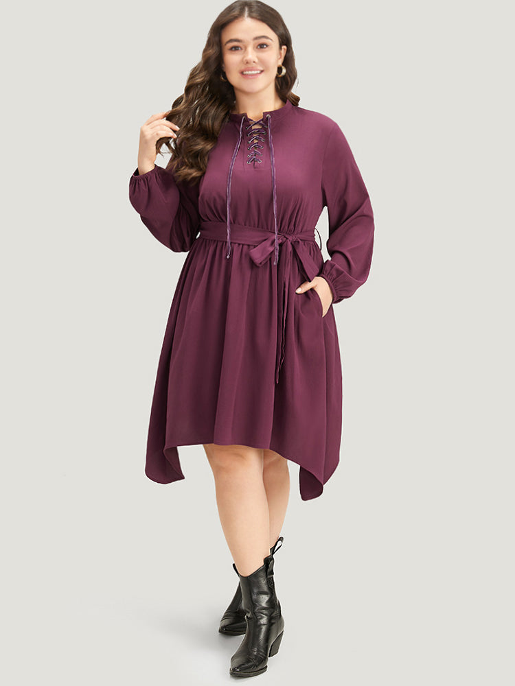 Halloween Plain Lantern Sleeve Belted Lace Up Asymmetrical Hem Dress-Sweetccc