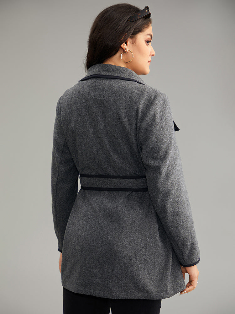 Lapel Collar Contrast Trim Belted Button Up Coat-Sweetccc