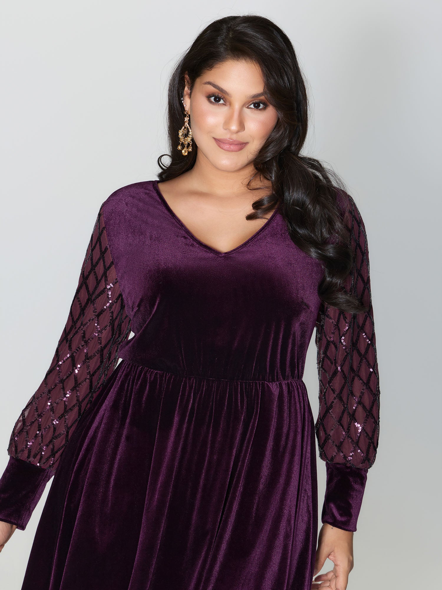 Velvet Sequin Sheer Sleeve Midi Dress-Sweetccc