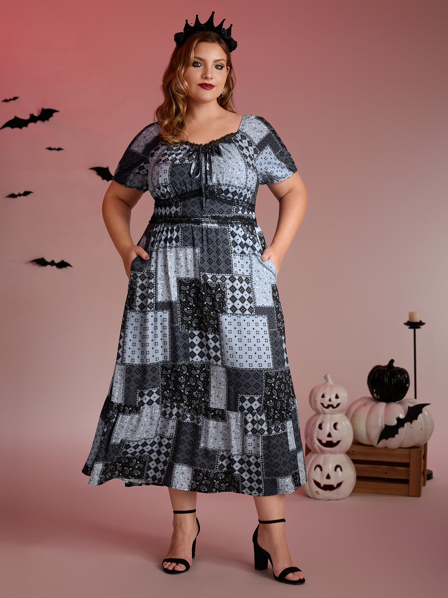 Paisley Collage Print Lace Trim Midi Dress-Sweetccc