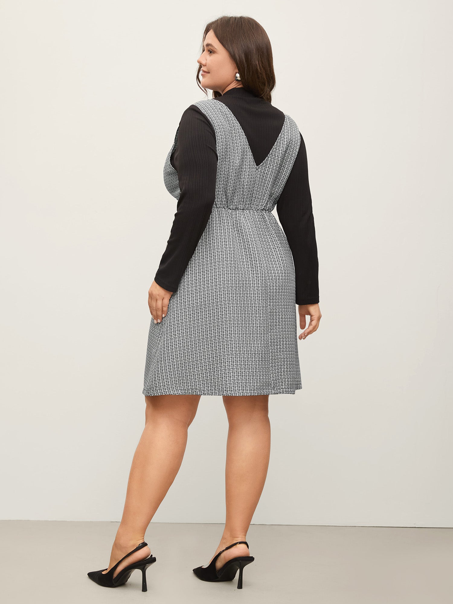 Houndstooth Button Detail Pockets Knee Dress-Sweetccc