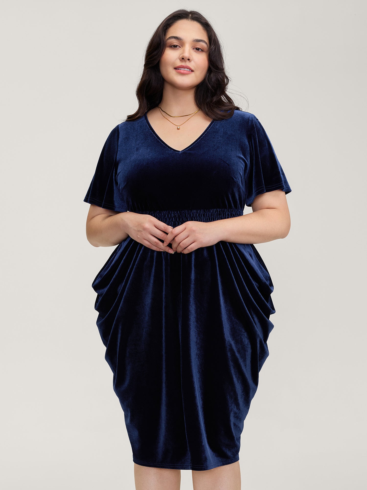 Velvet Shirred Waist Asymmetrical Hem Midi Dress-Sweetccc