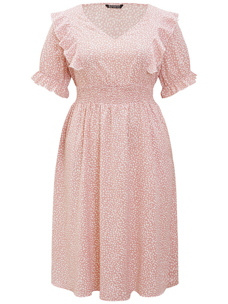 Leopard Ruffle Trim Pocket Shirred Puff Sleeve Dress-Sweetccc