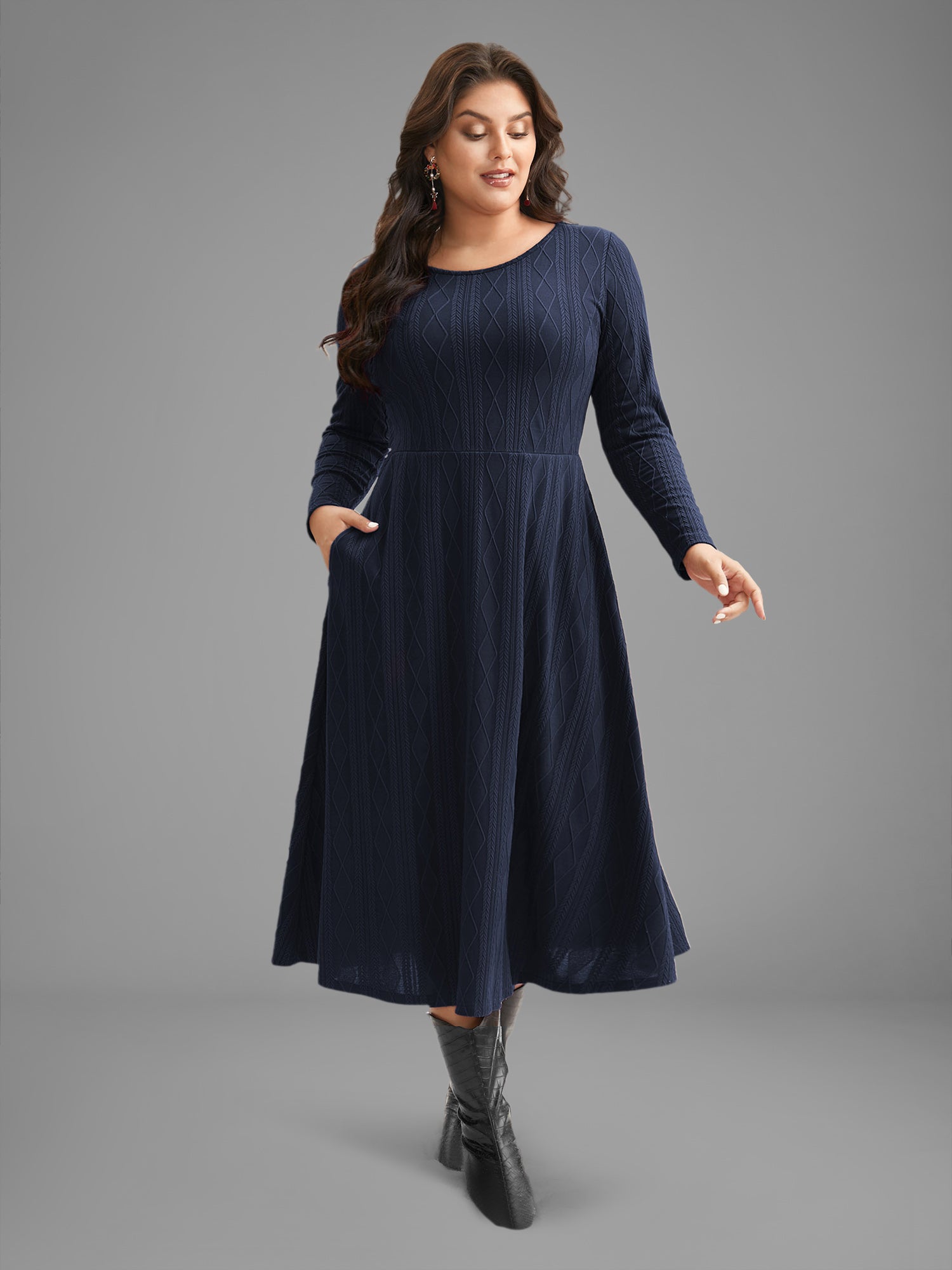 Textured Knit Fit-And-Flare Midi Dress-Sweetccc