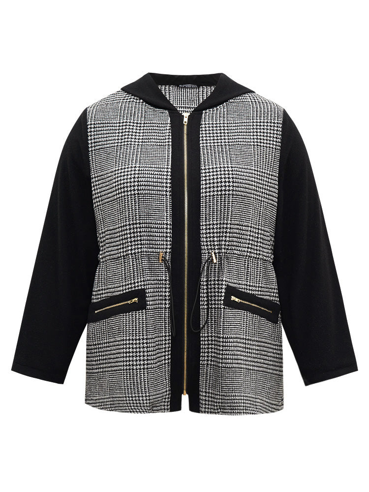 Houndstooth Patchwork Zipper Drawstring Coat-Sweetccc