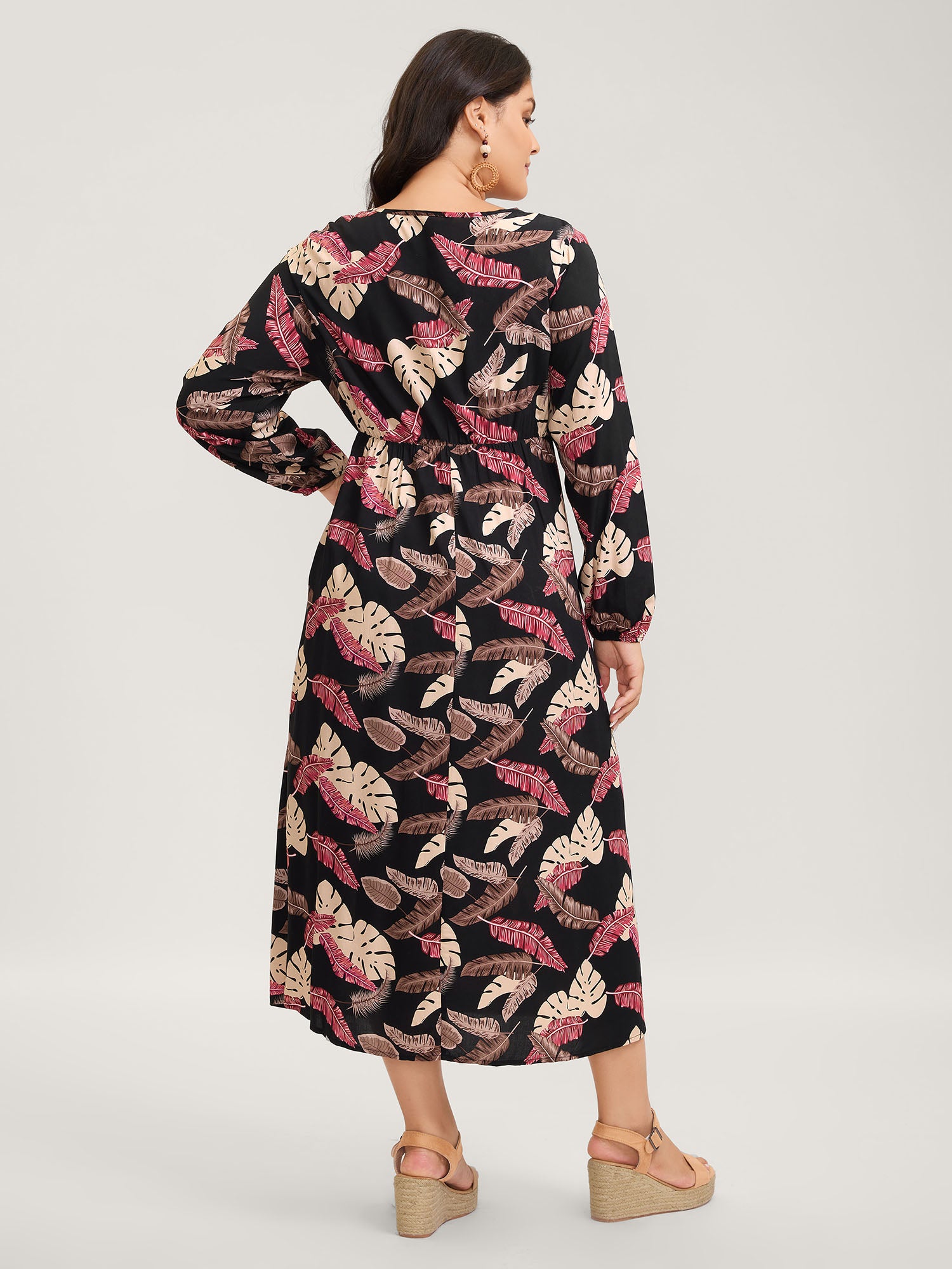 Maple Leaf Print Contrast Neck Maxi Dress-Sweetccc