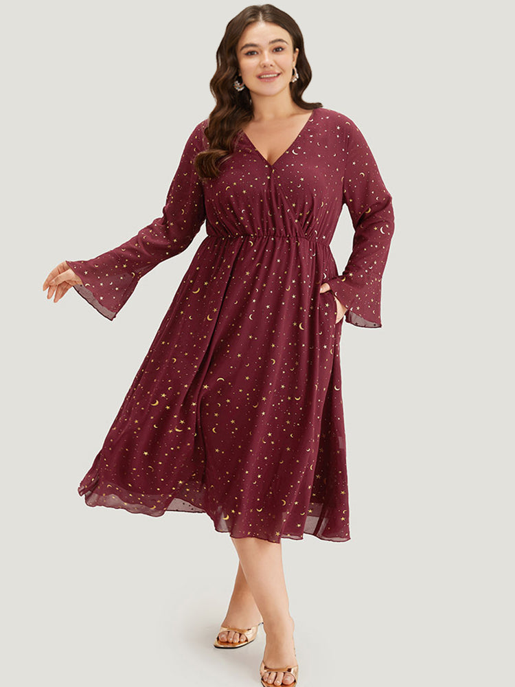 Moon & Star Glitter Surplice Neck Bell Sleeve Dress-Sweetccc