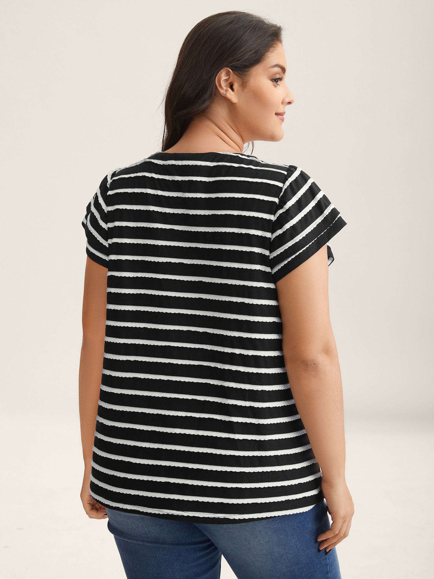 Stripe Textured Lotus Leaf Sleeve T-Shirt-Sweetccc