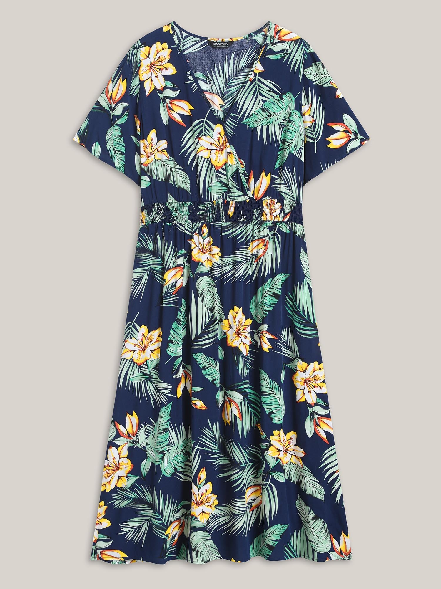 Tropical Floral Print Shirred Waist Midi Dress-Sweetccc