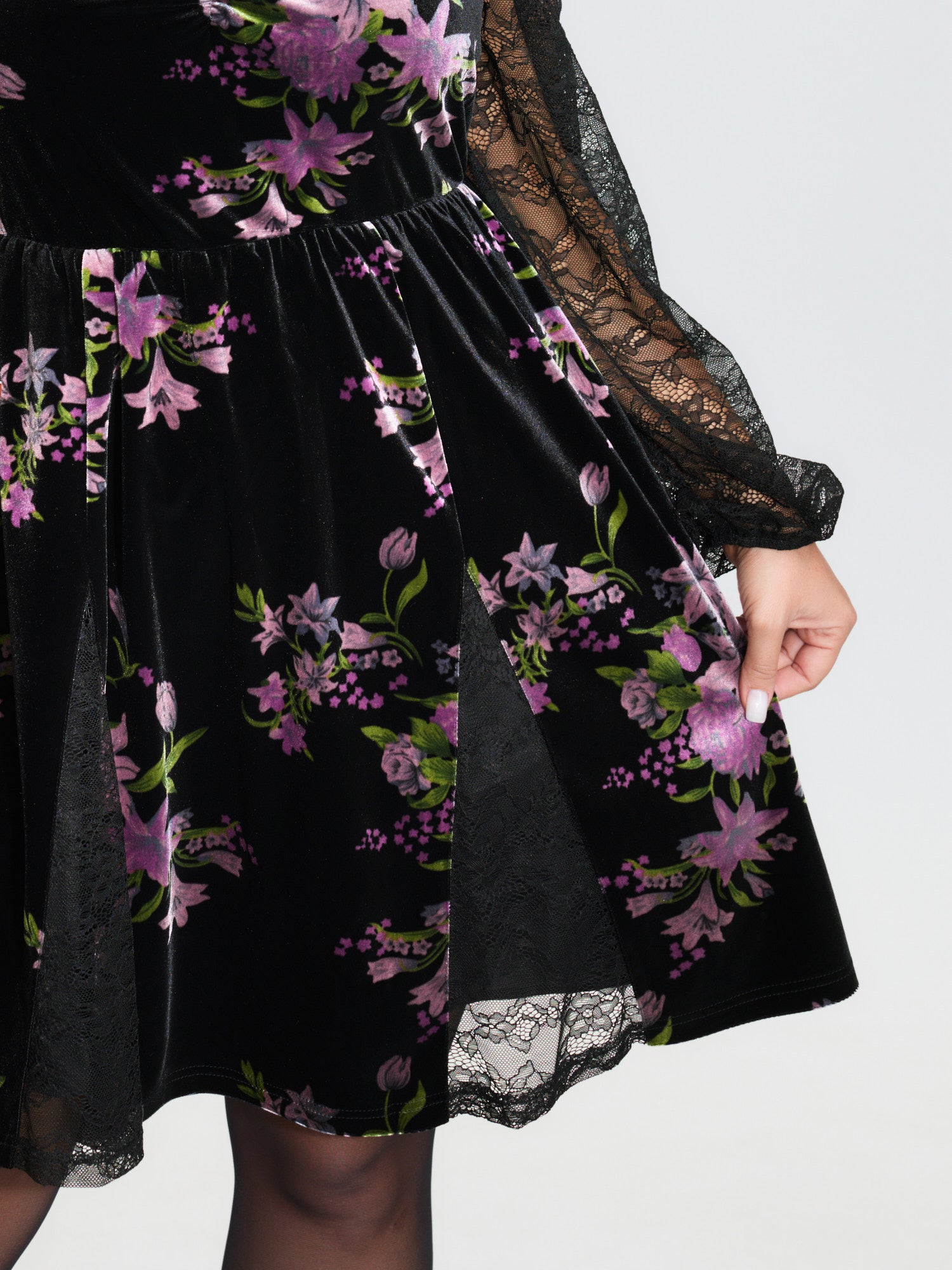 Velvet Floral Sheer Lace Knee Dress-Sweetccc