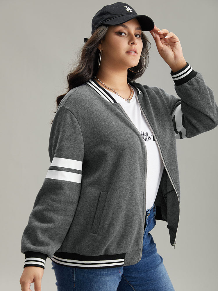 Striped Patchwork Contrast Pocket Zipper Bomber Jacket-Sweetccc