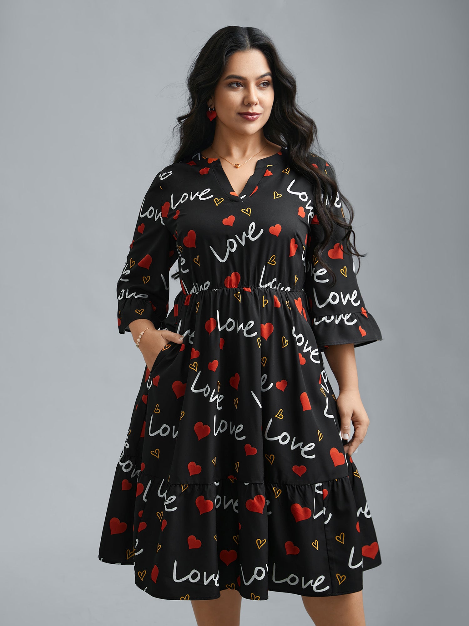 Notched Collar Heart Print Tiered Midi Dress-Sweetccc