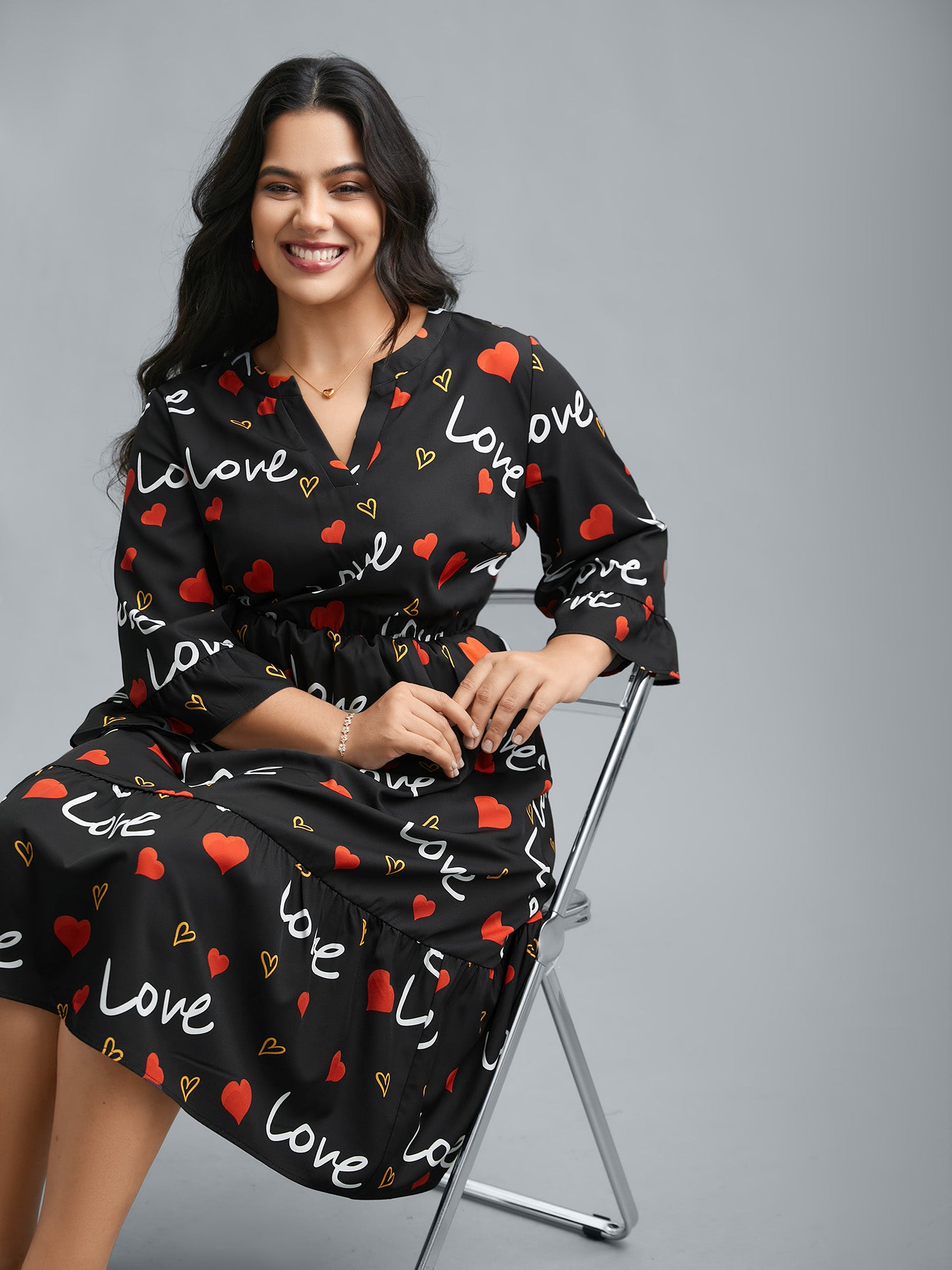 Notched Collar Heart Print Tiered Midi Dress-Sweetccc