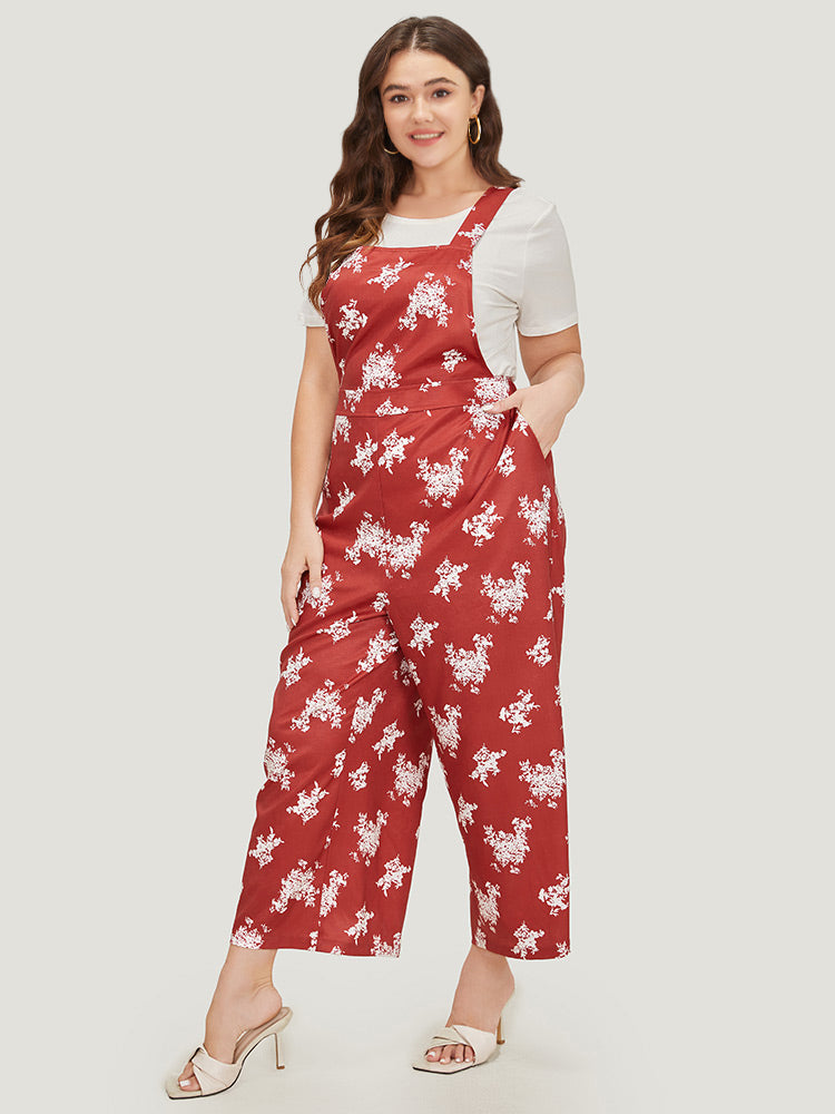 Floral Print Pocket Crossover Back Overall Jumpsuit-Sweetccc