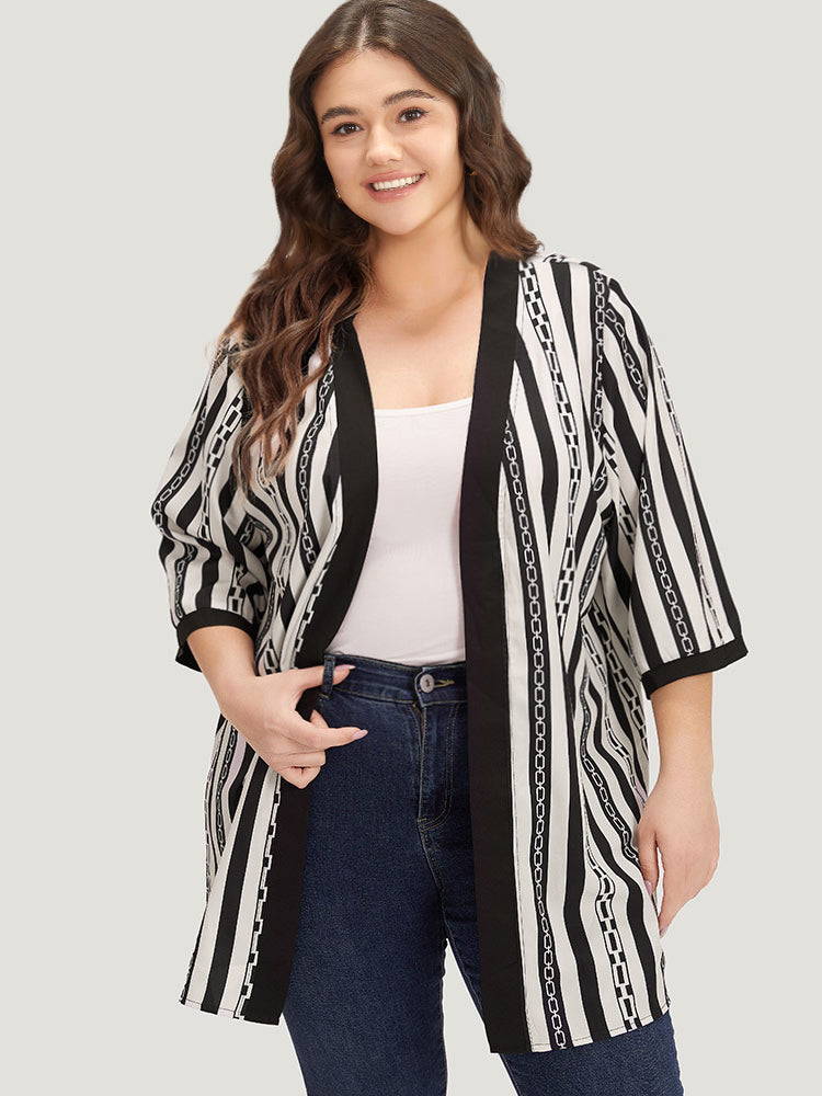 Striped Patchwork Contrast Open Front Kimono-Sweetccc